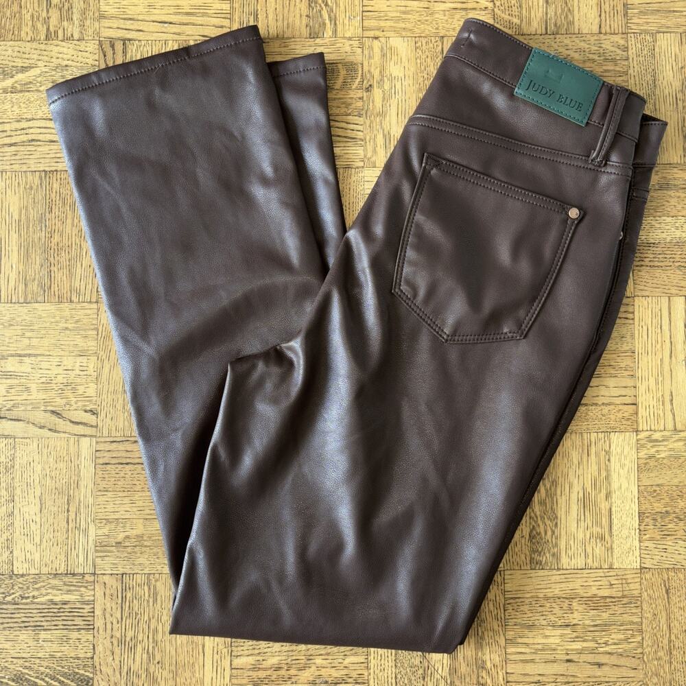Judy Blue 7/28 Pants Faux Leather Tummy Control High Rise Straight Brown JB88754